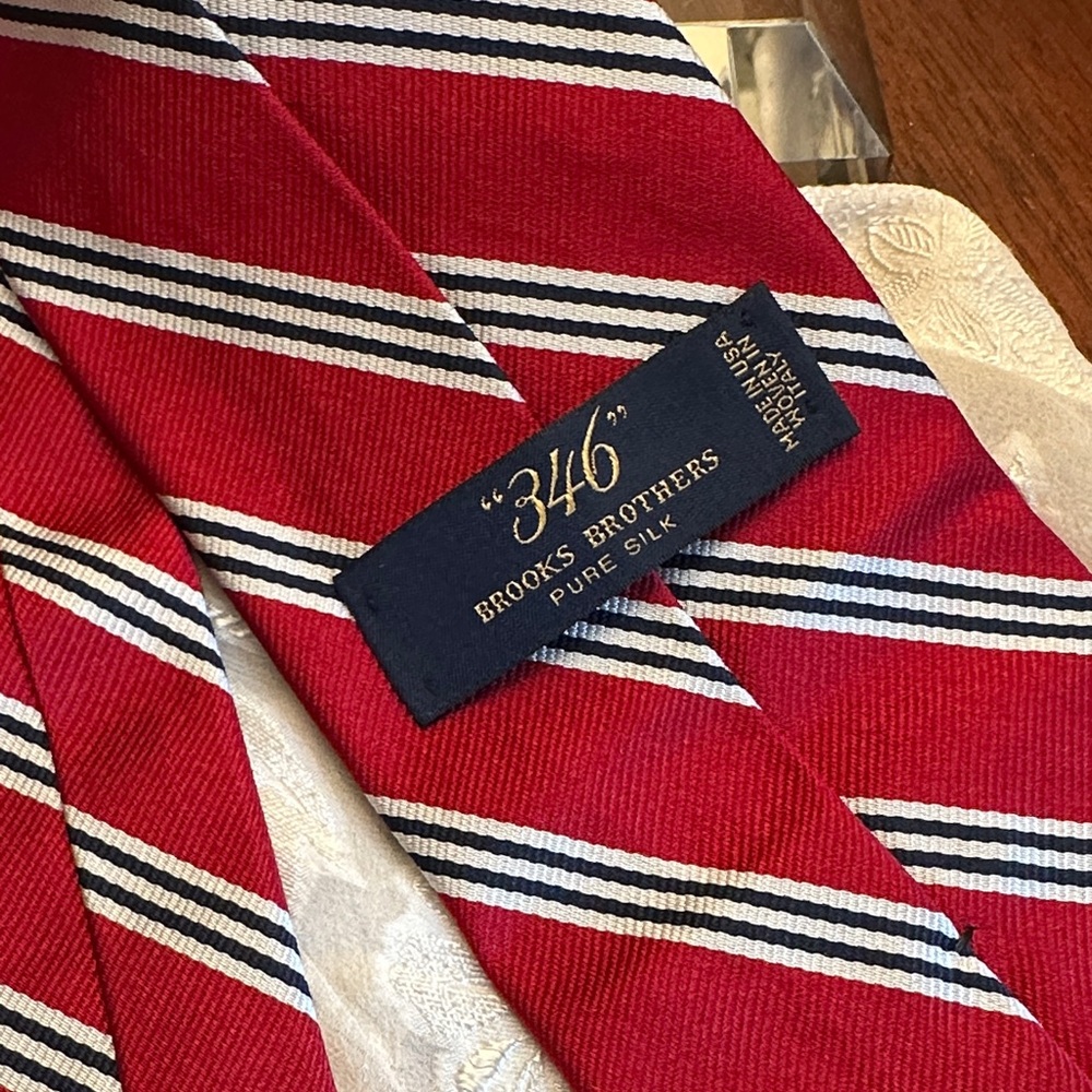 Brooks Brothers “346” Red with White and Blue Striped 100% Silk Tie